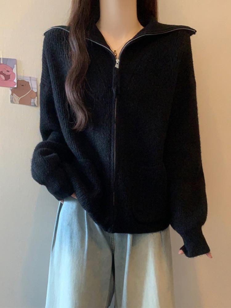 Women's Plus Size Grey Knit Zipper Lapel Cardigan