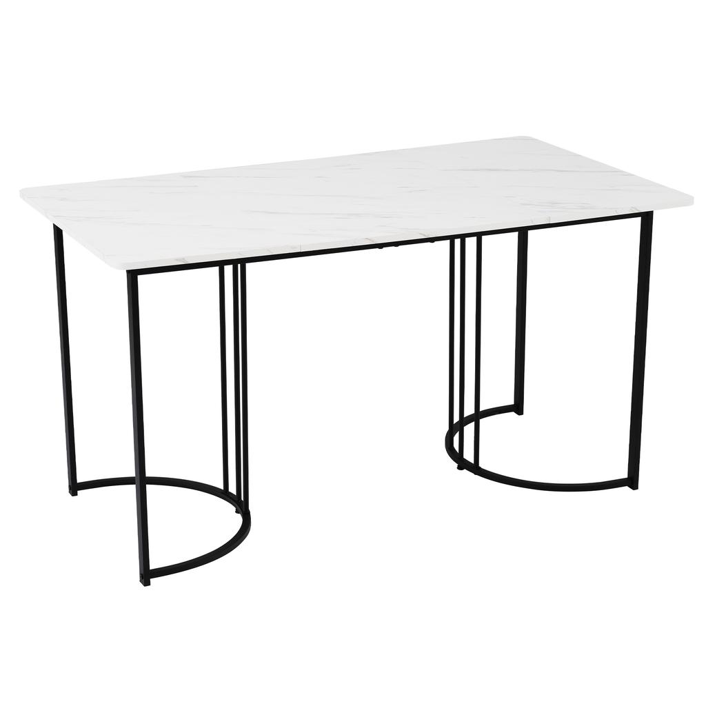 Dining Set (5-piece), Dining Table with 4 Chairs, 140×80cm Kitchen Table with Black Metal Legs, MDF Table Top in White, Dark Grey Linen Dining Chairs