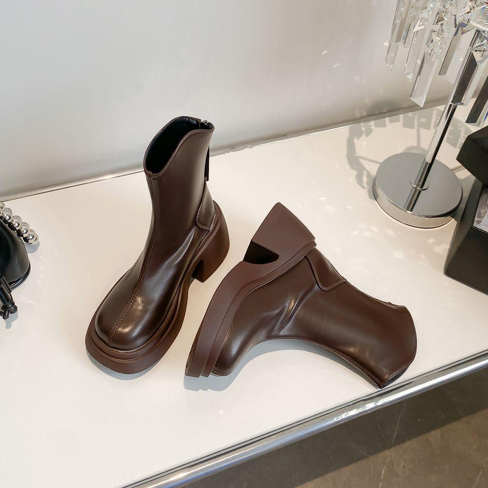 

Французские узкие ботинки Женские Толстый каблук Толстая подошва Маленький человек Высокие Задняя молния Ботинки Мартина V-образный вырез Белые Средние Короткие ботинки 40