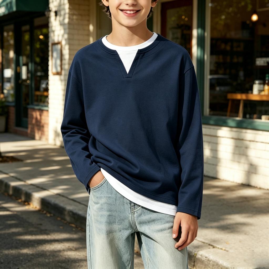 Kids Unisex Long Sleeve Color Mock Two-Piece Pullover Sweatshirt for Boys and Girls