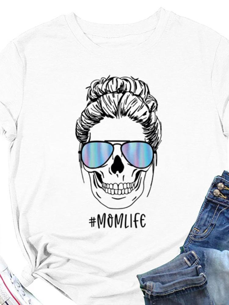 MOMLIFE Skull Head Print Women T Shirt Short Sleeve O Neck Loose Women Tshirt Ladies Tee Shirt Tops Clothes Camisetas Mujer