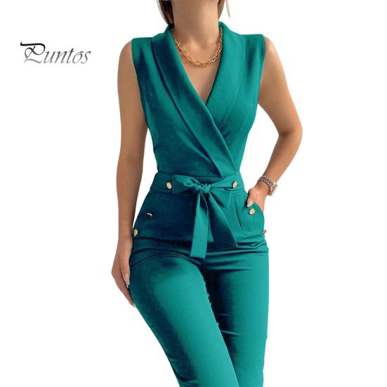 

Летний женский комбинезон без рукавов с V-образным вырезом, облегающий, с пуговицами, на шнуровке, однотонный, с широкими штанинами, деловой, деловой, дорожный комбинезон M зелёный