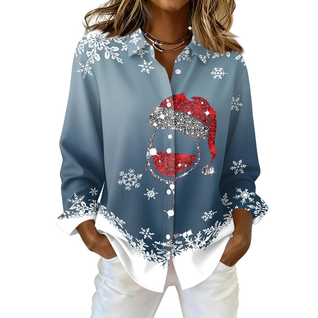 Women's Christmas Print Long Sleeve Casual Button Down Shirt Top