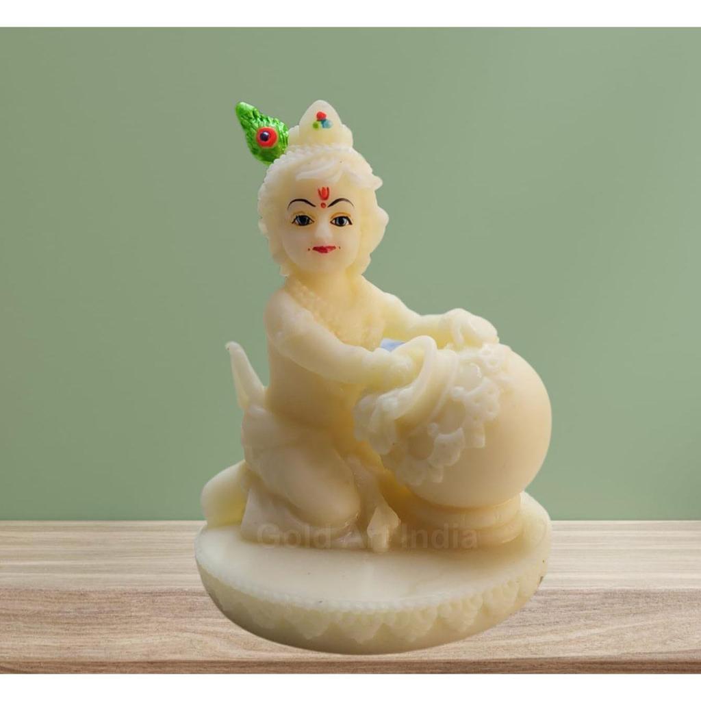Makhan Krishna Ivory Finish | Krishna Idol for Home Decor| Laddu Gopal Murti for Gifting | Small Krishna Statue for Office Desk | Makhan Chor Idol