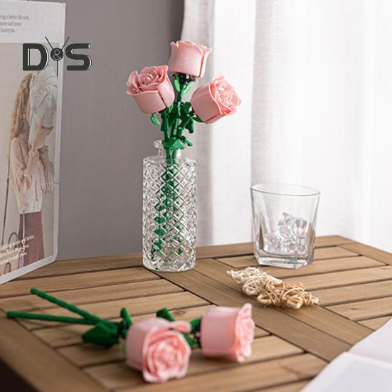 1 Set Building Block Rose Branch DIY Handmade Colorful Flower Block Assembly Toy Plastic Floral Plants Decoration Kids Adults Girls Gift