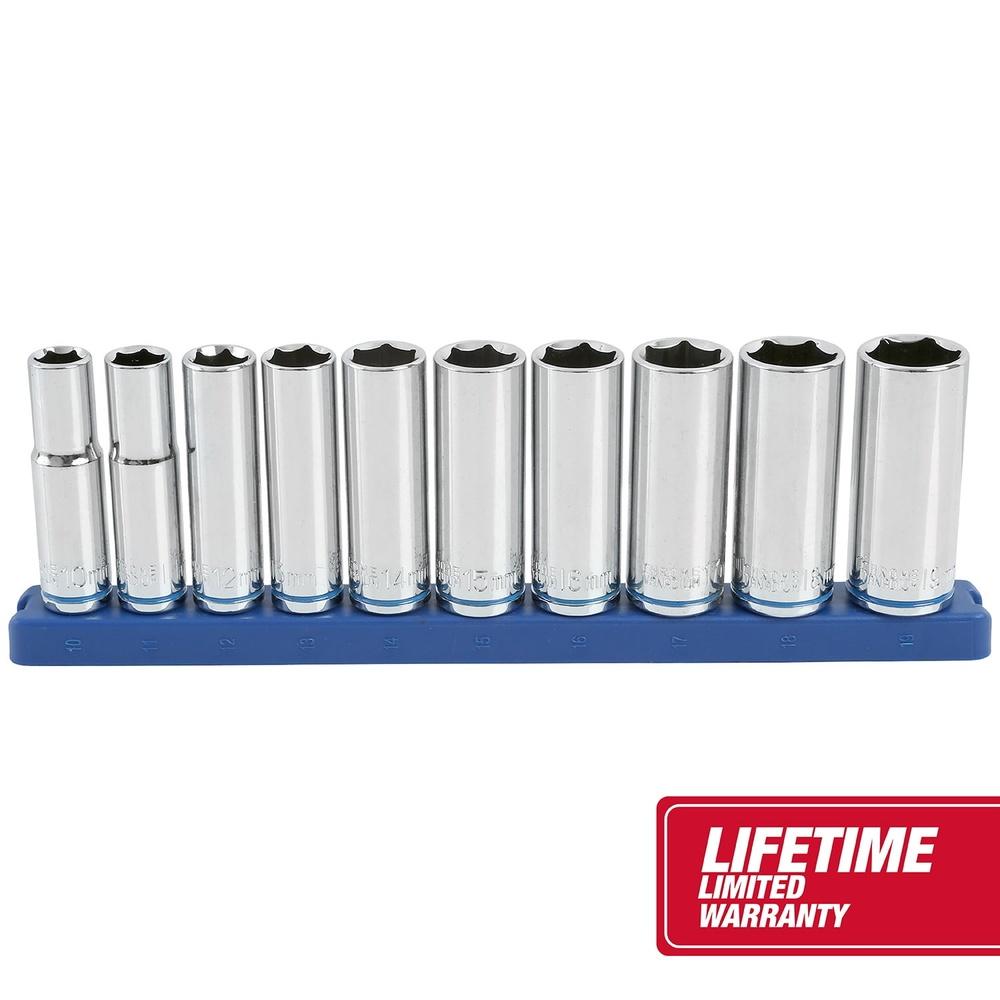 11 Piece Deep Metric Socket Set 3/8 Inch Drive Chrome Vanadium Steel Sockets with Removable Socket Rail Easy Storage