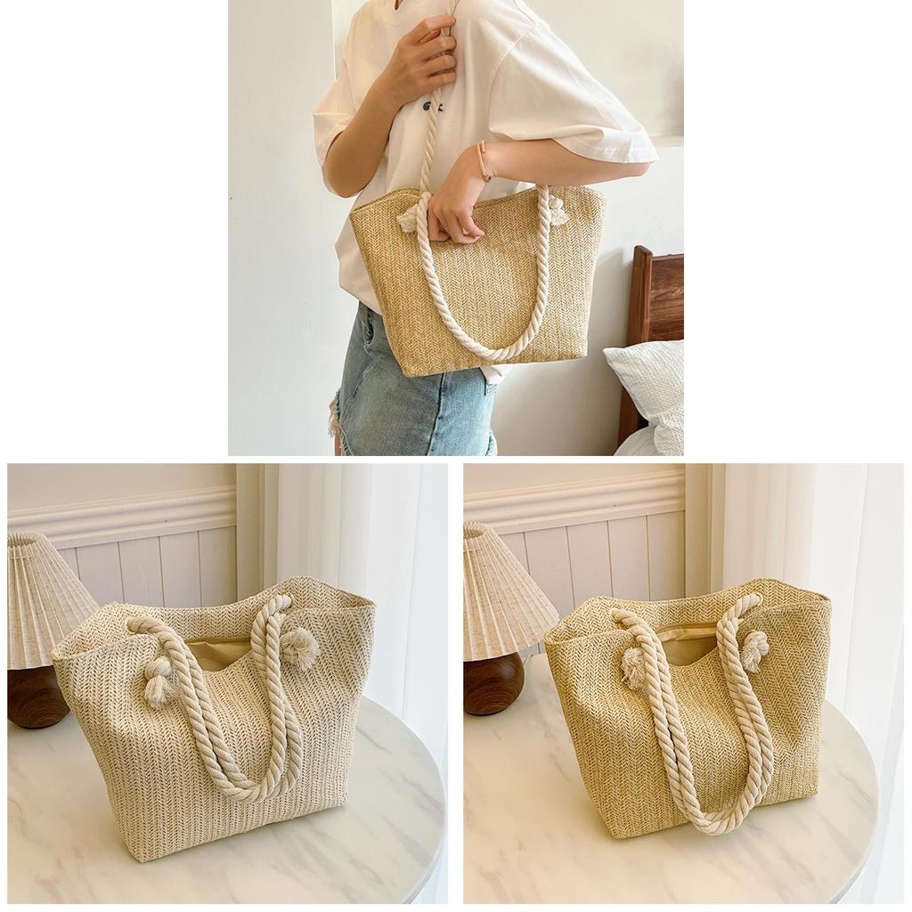 Large Capacity Straw Shoulder Bag With Synthetic Leather Lining For Women