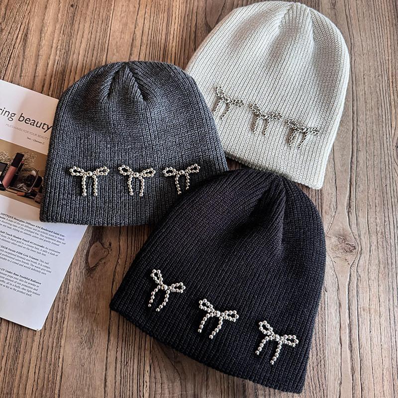 Fashion Color Solid Bow Decoration Women Casual Knitted Hat Autumn Winter And