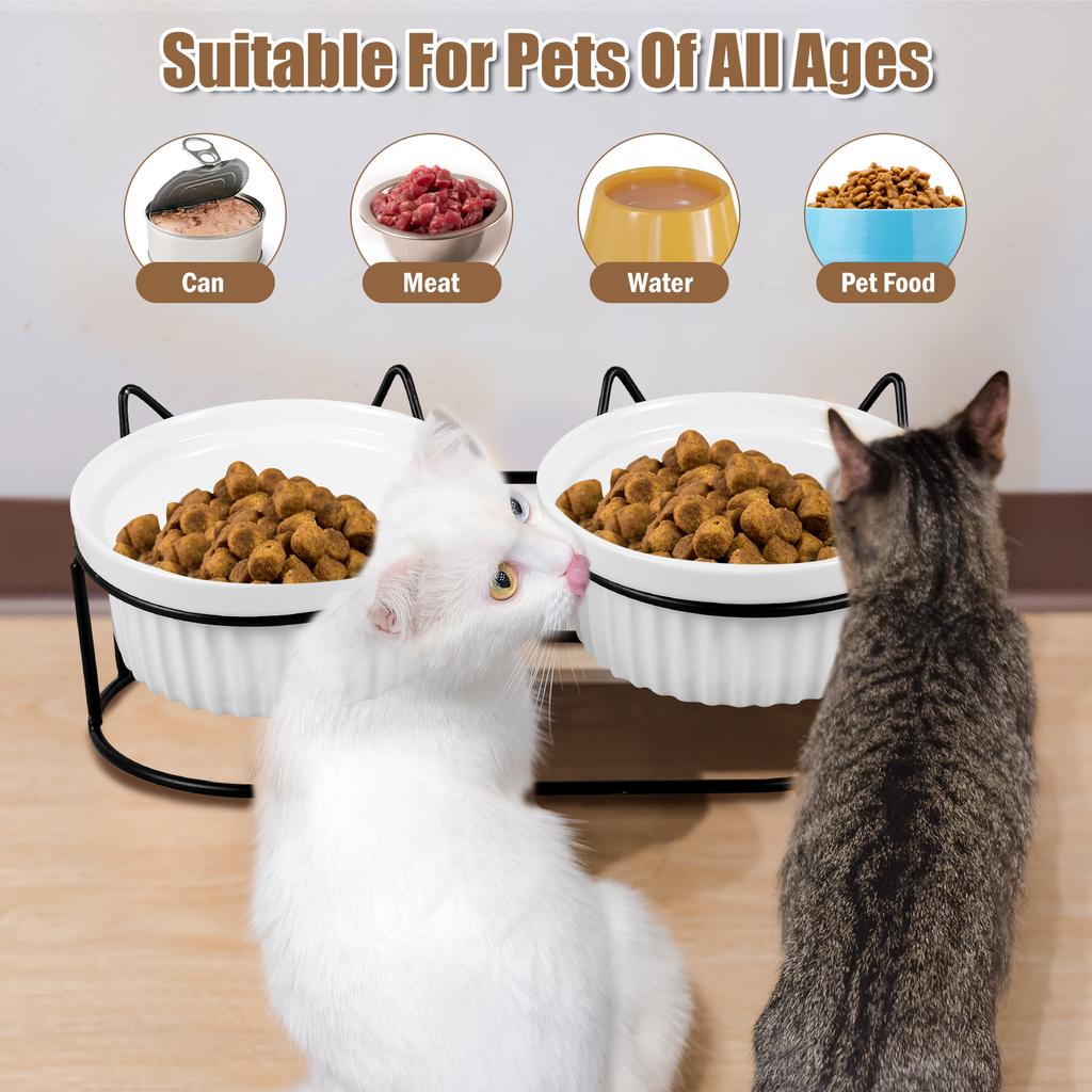 Cat Bowls Tilted Double Ceramic Pet Bowls with Metal Tilted Raised Stand Anti Vomiting Cat Dish Feeder Pets Food Bowl for Puppy