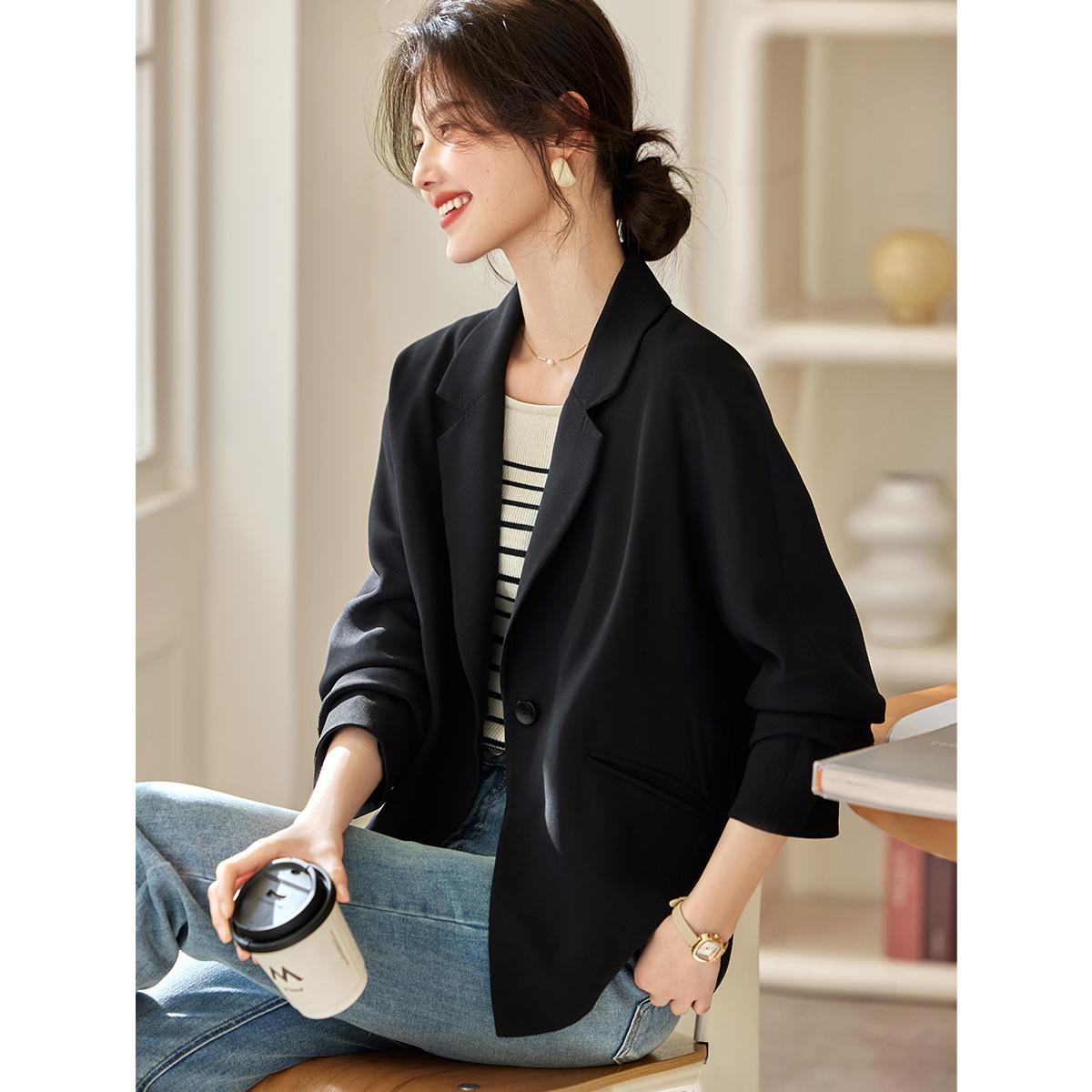 

Повседневный пиджак для женщин, весна, новый, простой, легкий, для работы, с плоским воротником, костюм, топ 2XL чёрный
