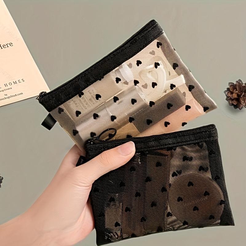 4pcs Nylon Mesh Cosmetic Bag Zipper Heart Shaped Toiletry Organizer Makeup Bags Multifunctional Lipstick Key Coin Purse Pouch