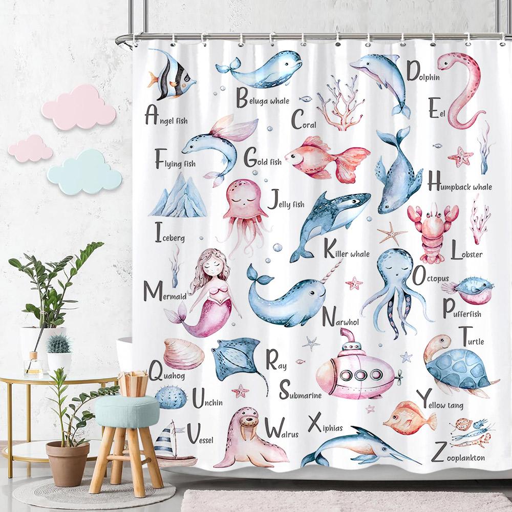 Cartoon Animal Alphabet Shower Curtain Kids ABC Educational Learning Tools Baby Girls Boys Colourful Bath Curtain Bathroom Dec