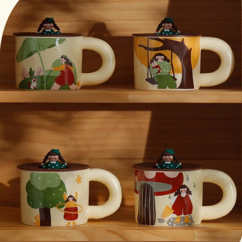 Retro Cartoon Ceramic Mug Ceramics Espresso Cup High-looking With Lid Mug for Coffee Creativity Personalized Gift Teaware Cafes