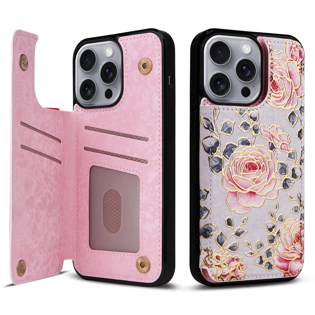For iPhone 16 Pro Max Case Flower Leather+TPU RFID Blocking Phone Cover Card Slots