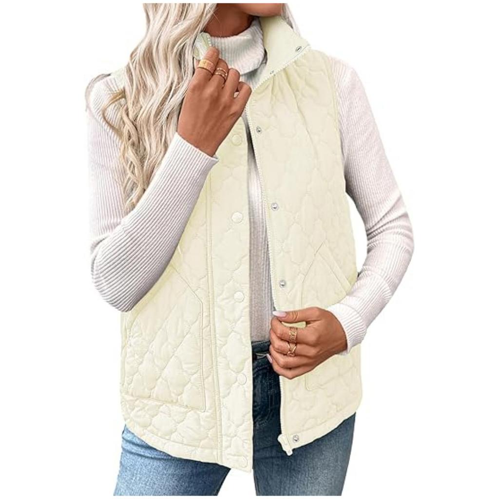 Women's Fashion Quilted Sleeveless Short Vest with Stand Collar Buttons and Zipper