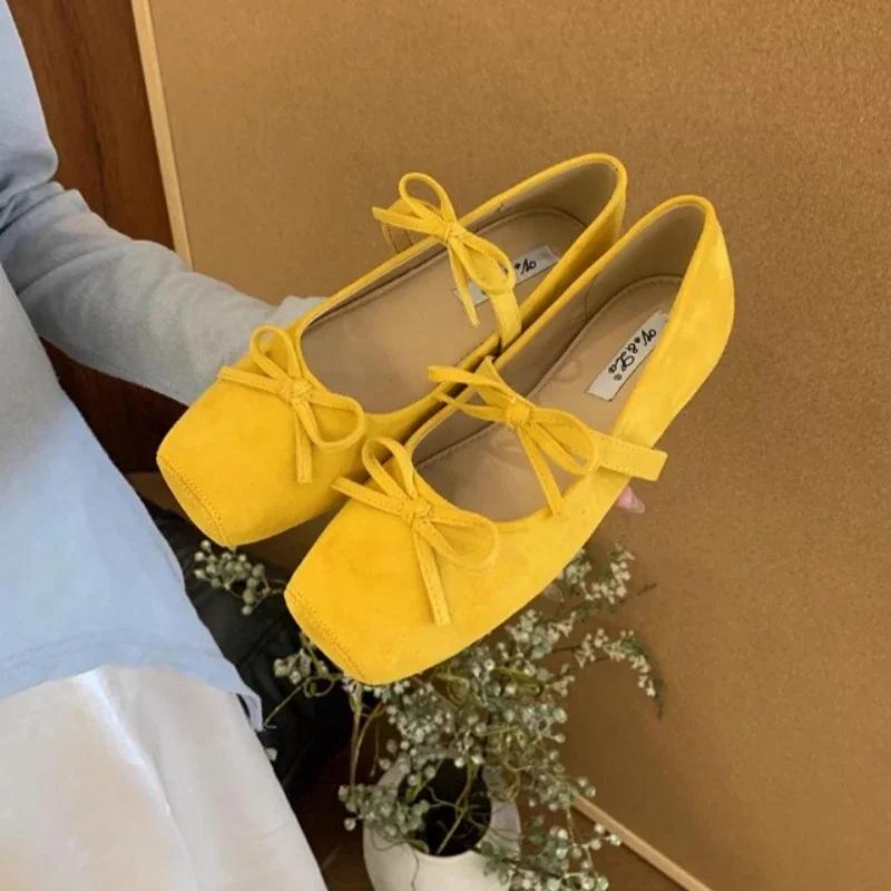 Women's Mary Jane Shoes Square Toe Bow Flannel Shallow Mouth Shoes Women Dress Increase Internal Height 2025 Zapatillas De Mujer