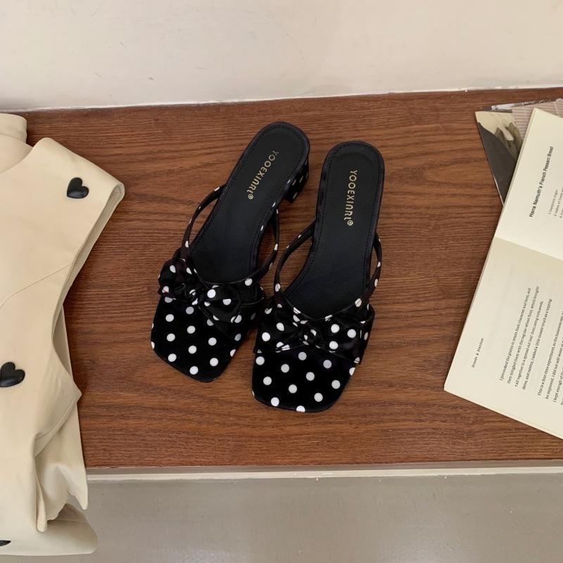 

French Temperament Small Fragrant Wave Dot Word With Bow Thick Heel Slippers Summer 39 чорний