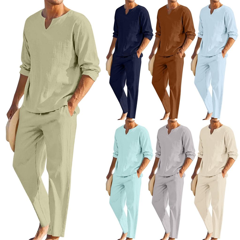 Men's Summer Cotton Linen Color Loose V-Neck Long-Sleeved Top Trousers Suit