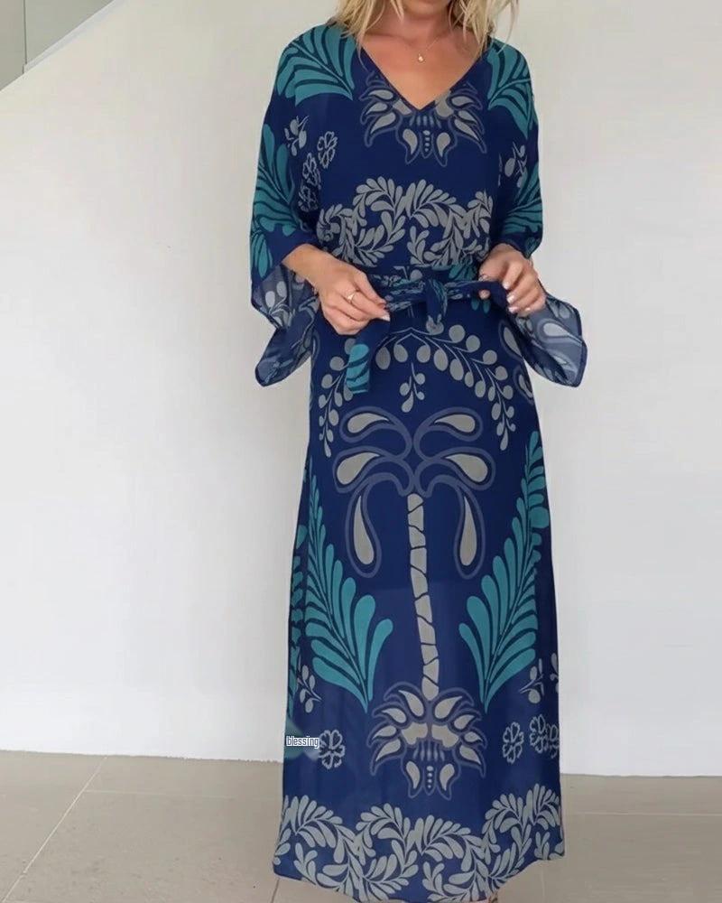 

2026 Women s Bohemian Ethnic Style Lace-up Chiffon Dress XL синій