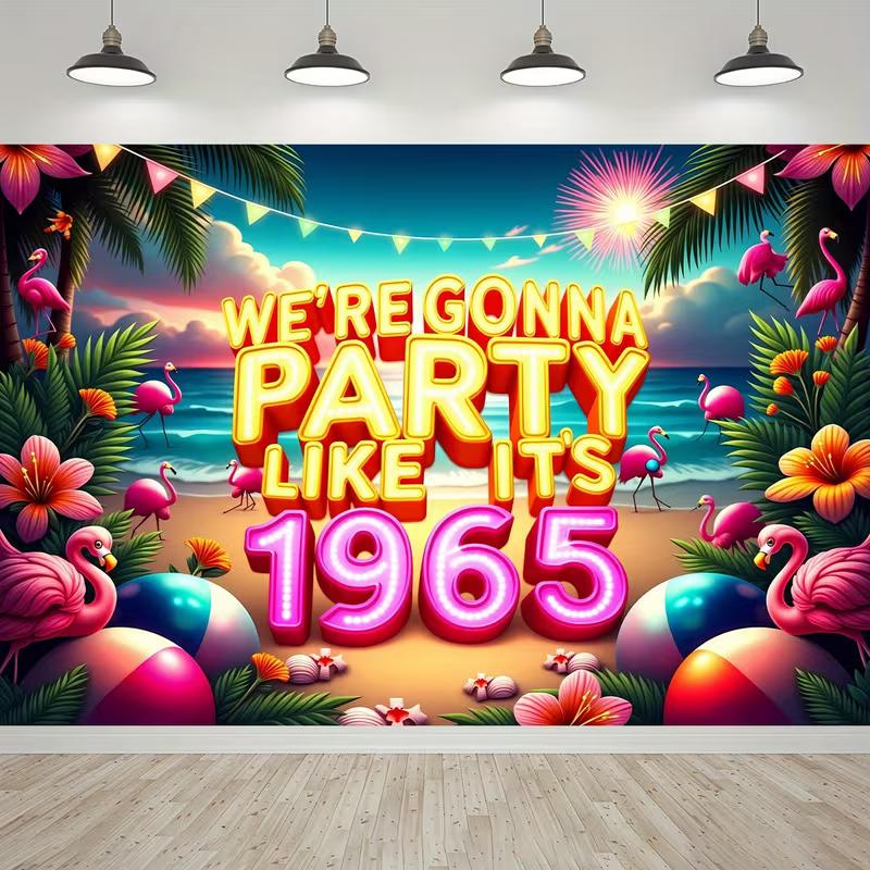 2D Retro Beach Party Backdrop, We re Gonna Party Like It s 1965 Photography Background Banner 47.2x31.5inch/120*80cm