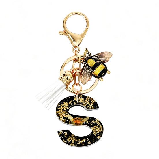 Dried Flower Letter Charm Bee Keychain Pendant Resin Black 1 Pc