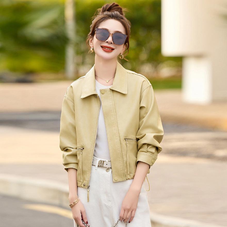 Leather jacket women's short spring and autumn new lapel casual versatile baseball jersey locomotive leather jacket top