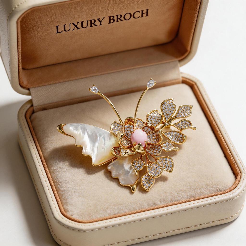Bo Xin Yun Natural Shell Butterfly Brooch: High-End Copper with Cubic Zirconia