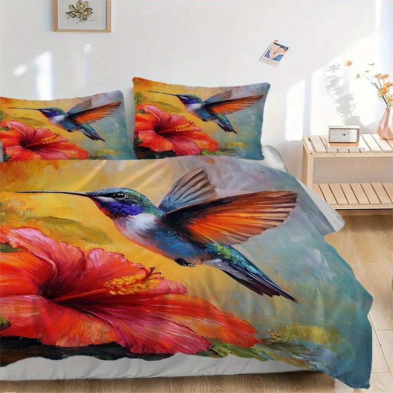 3pcs Hummingbird Flower Soft Comfortable Bedding Set, For Bedroom, Guest Room And Dorm, All - Season Use, High-Definition Printing180