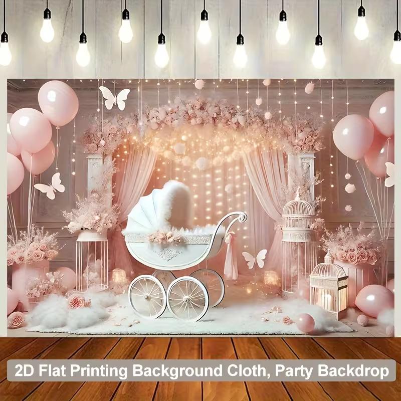 2D Blush Pink Newborn Backdrop Butterfly & Balloon Photo Booth Background