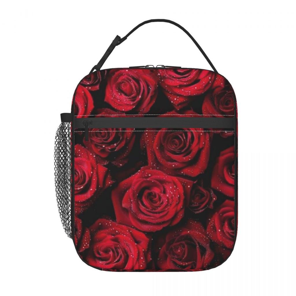 Red Rose Floral Design Insulated Lunch Bag for Women Kids Portable Food Boxes Thermal Lunch Box Tote