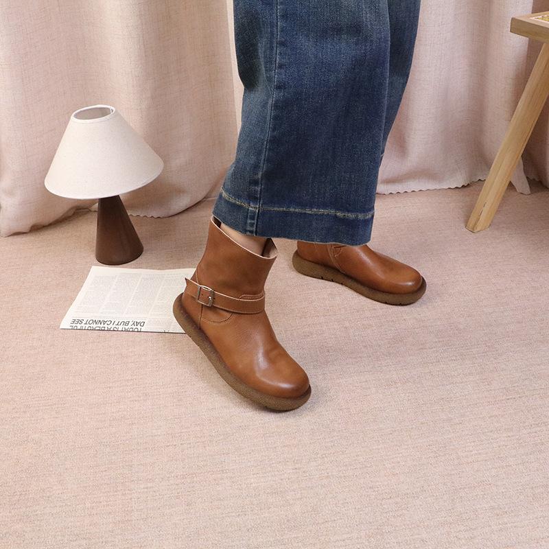 Johnature Retro Klamra Paska Skóra Naturalna Krótkie Botki Okrągły Nosek Boczny Zamek Płaska Podeszwa Damskie Botki