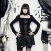 Goth Black Lace Trim Long Sleeve T-Shirts Vintage Sexy Lace-up Square Collar Tops with Choker Cross Women Autumn Tees