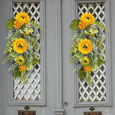 Artificial Flower Sunflowers Wreath Spring Wreath Hanging Plastic Flowers Outdoor Front Door Wall Window Decors Simulation Holiday Celebration Wreath