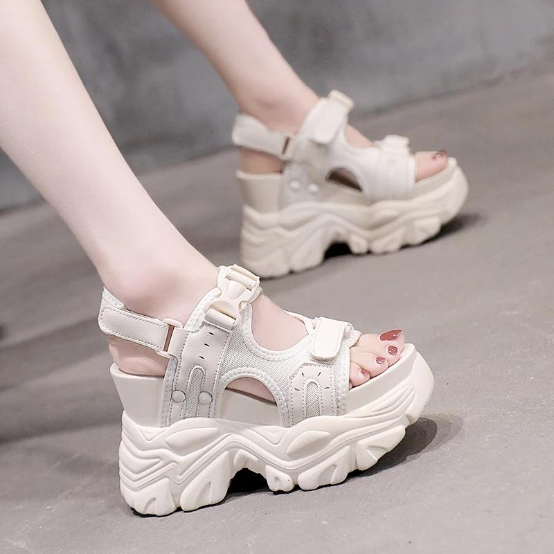 

10.5CM 2025 Women s Sandals Comfort Shoes Slippers Fashion Shoes Women Summer Open Toe Platform Wedge Super High Hidden Heels 34 бежевий