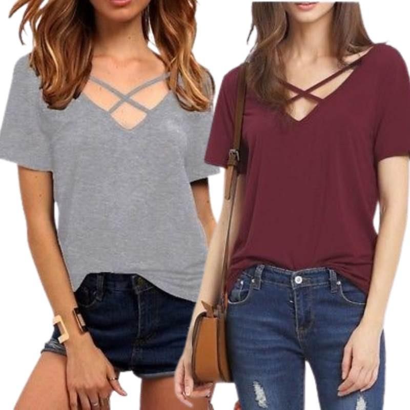 Stylowy Bawełniany T-shirt Damski Plus Size z Dekoltem V, Krótkim Rękawem, Luźnym Krój