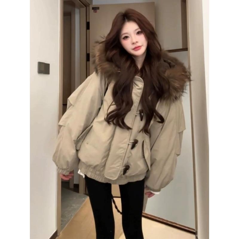 Retro Large Fur Collar Hooded Cotton Coat for Women Winter New Horn Button Thickened Cotton Coat
