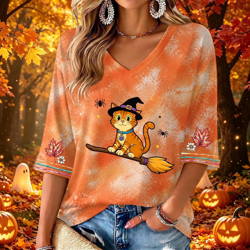 Women's Fashion V-Neck Printed 3/4 Sleeve Casual Top for Halloween
