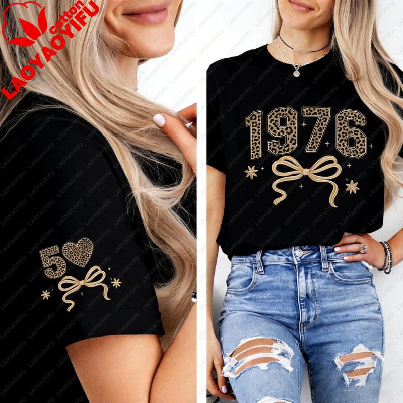 1976 Retro Leopard 50th Birthday Gift For Mothers Day Shirt Commuter Allmatch Regular Short Sleeve Printed Tshirt Tops