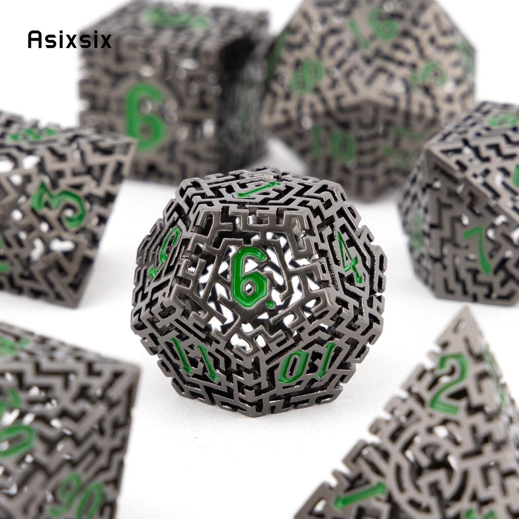7 Pcs Black Green Metal Dice Maze Hollow Metal Polyhedral Dice Set Suitable for Role-Playing RPG  Board Game Card Game