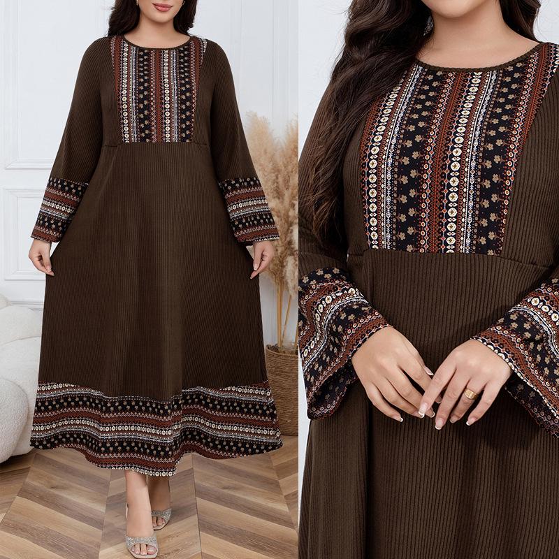 Plus Size Brown Ethnic Style Round Neck Long Sleeve Knit Dress for Women, Spring & Autumn