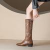 Cowhide version~ retro embroidered thread leather western cowboy boots women's autumn pointed thick heel sleeve versatile knight boots women