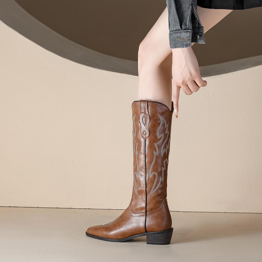 Cowhide Version~ Retro Embroidered Thread Leather Western Cowboy Boots Women's Autumn Pointed Thick Heel Sleeve Versatile Knight Boots Women