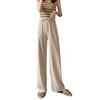 Women Ice Silk Pants Elastic High Waist Adjustable Drawstring Straight Wide Leg Pants Solid Color Long Trousers Daily Wear