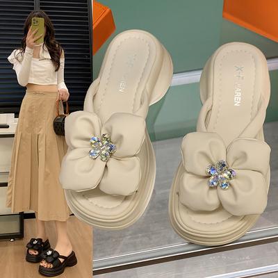 Thick-soled Wedge Sandals for Women's Outer Wear Summer New Style Flower Rhinestone Beach Slippers