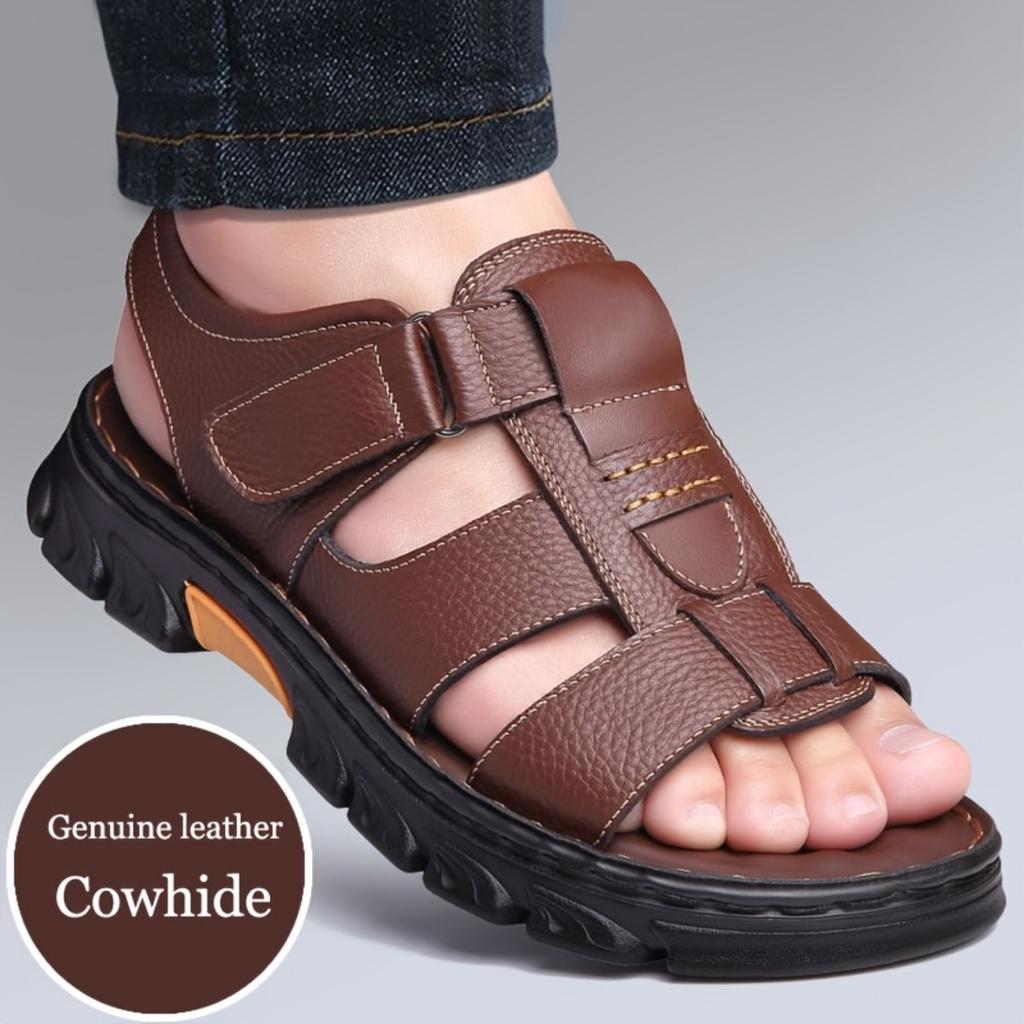 Men's Classic Casual Sandals, Head Layer Cowhide Leather Comfortable and Durable, Beach Vacation Shoes, Non-slip Soft Bottom Outdoor Hollow Sandals