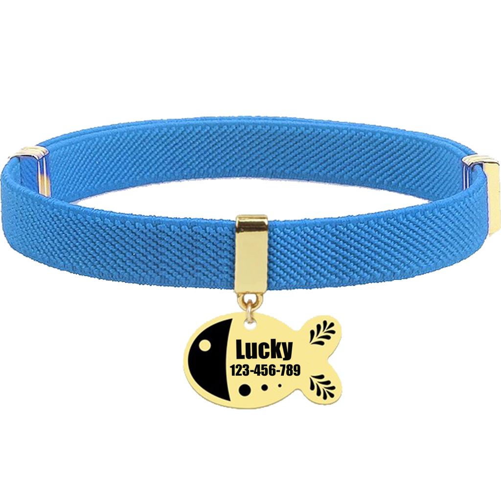 Personalized Free Customized Cat Collar Cute Fish Metal Necklace Pet ID Name Tag GPS Tracker Kitten Dog Breakaway Elastic Collar