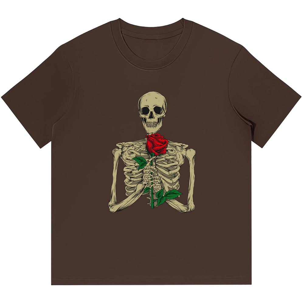 

Мужские футболки из плотного хлопка 230GSM, футболка со скелетом и принтом роз в стиле ретро, ​​панк, Harajuku, повседневные уличные футболки