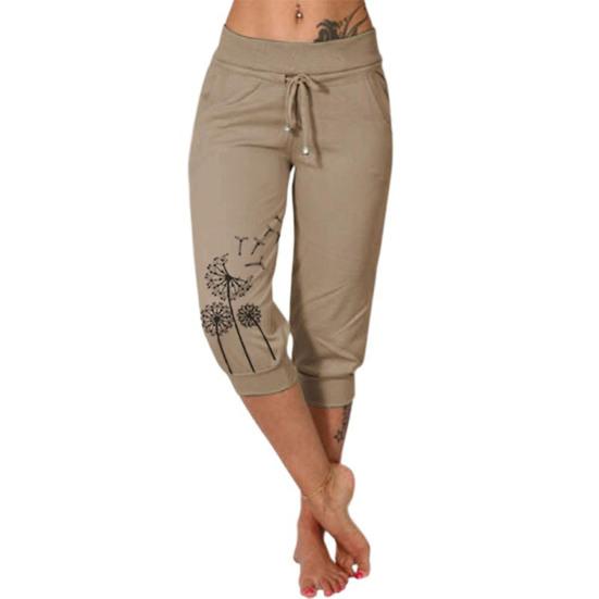 High Waist Cropped Pants Elastic Waistband Drawstring Pockets Dandelion Print Women Casual Sport Pants Streetwear