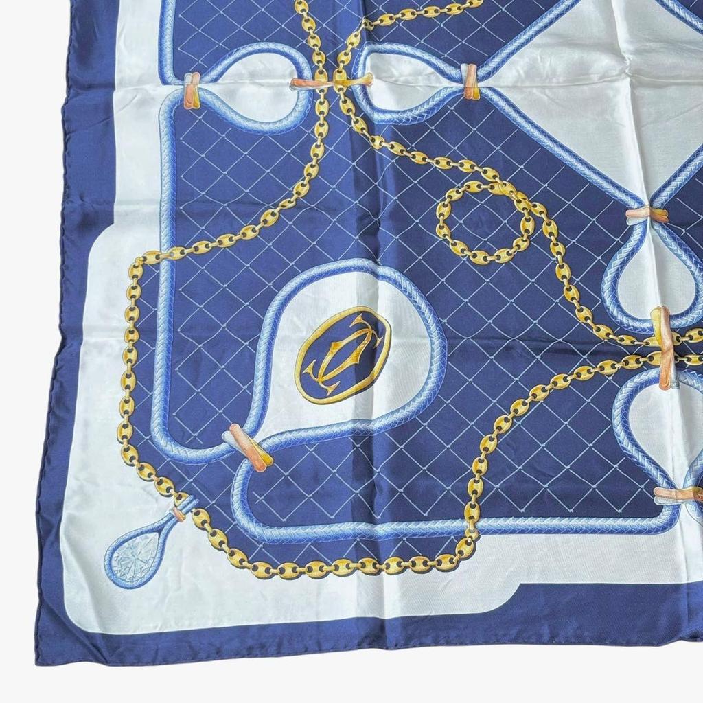 Used Cartier scarf, large size, chain pattern, navy, silk