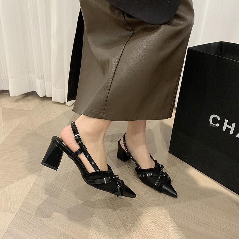 French Retro Single Shoes Women's Spring New Products Pointed Head Western Denim Bag Head Empty Sandals Thick Heel High Heels Look Thin